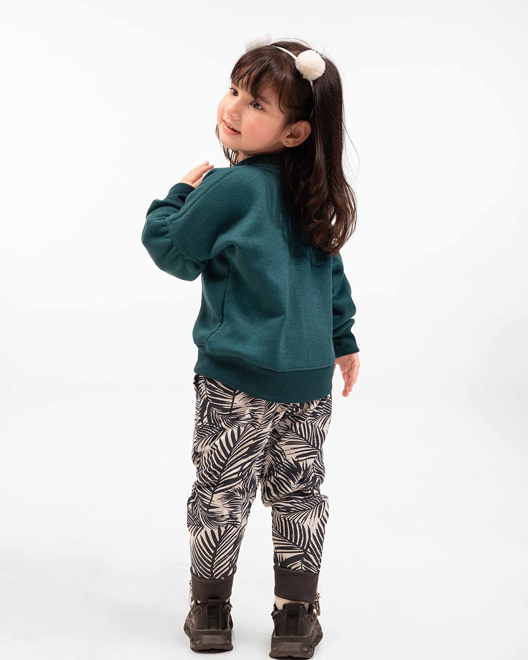 Girls Bow Sweatshirt & Leaf Print Jogger Set | Forest Green