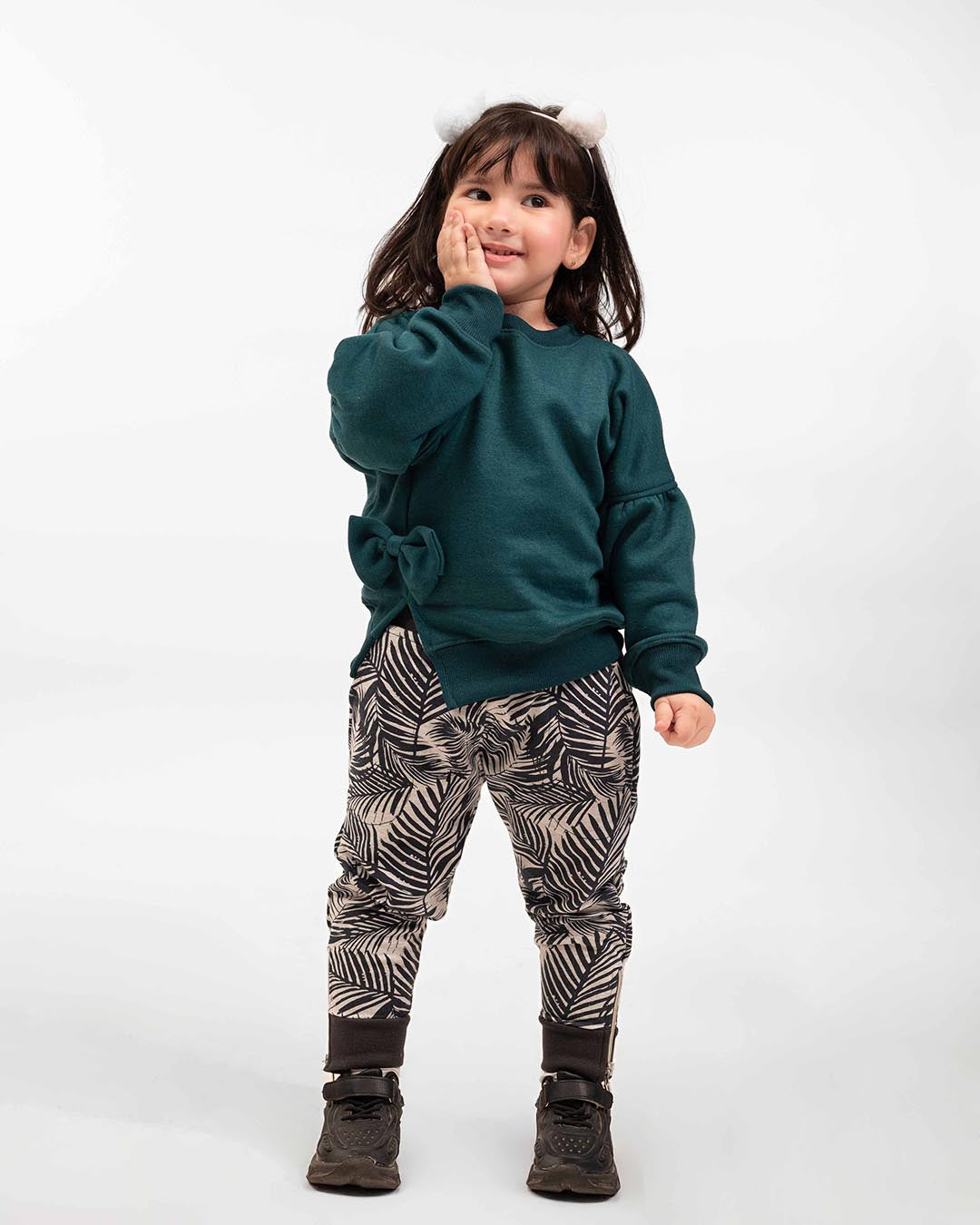 Girls Bow Sweatshirt & Leaf Print Jogger Set | Forest Green