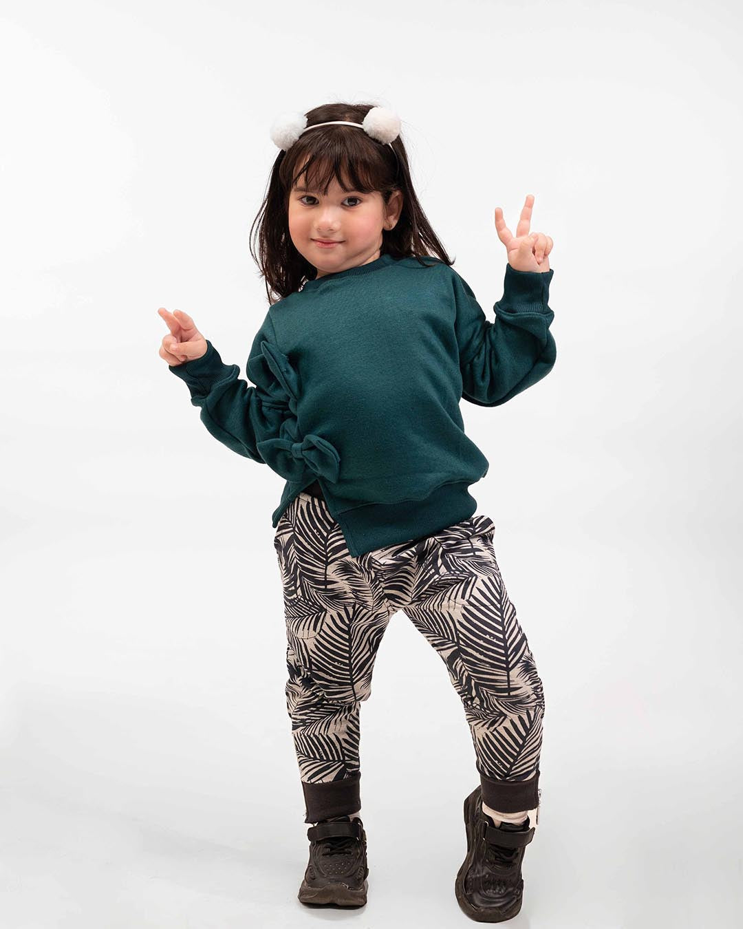 Girls Bow Sweatshirt & Leaf Print Jogger Set | Forest Green