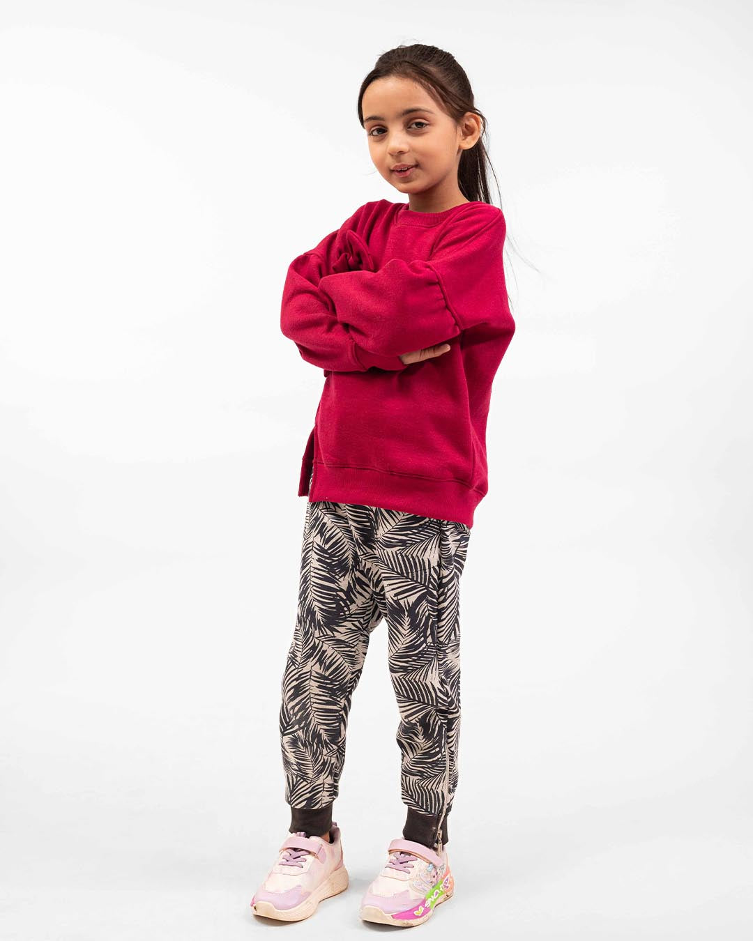 Girls Bow Sweatshirt & Leaf Print Jogger Set | Maroon