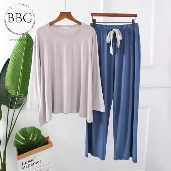 White and Blue Loose Shirt and Pajama PJ Set Sleepwear