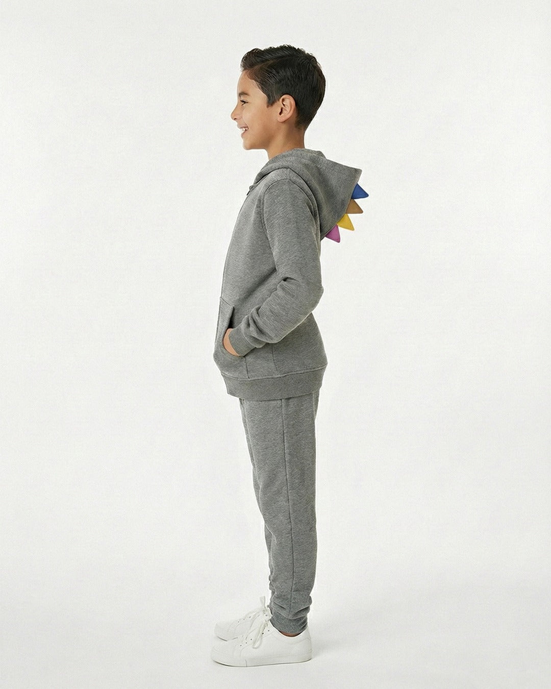Kids Grey Fleece Hoodie & Jogger Set with Dino Spike Hood