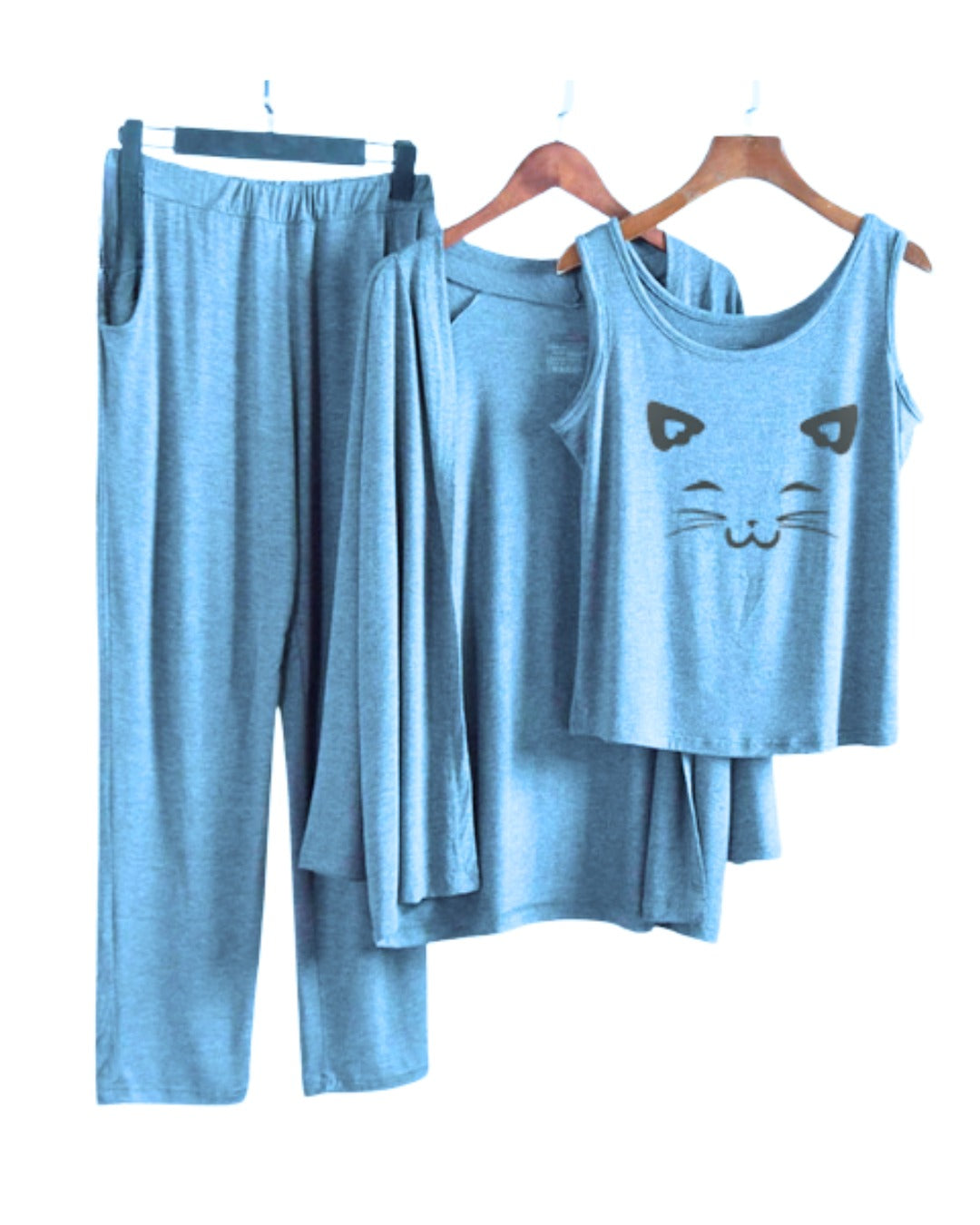 Cat Printed Women Night Suit PJ 3 Pieces Set