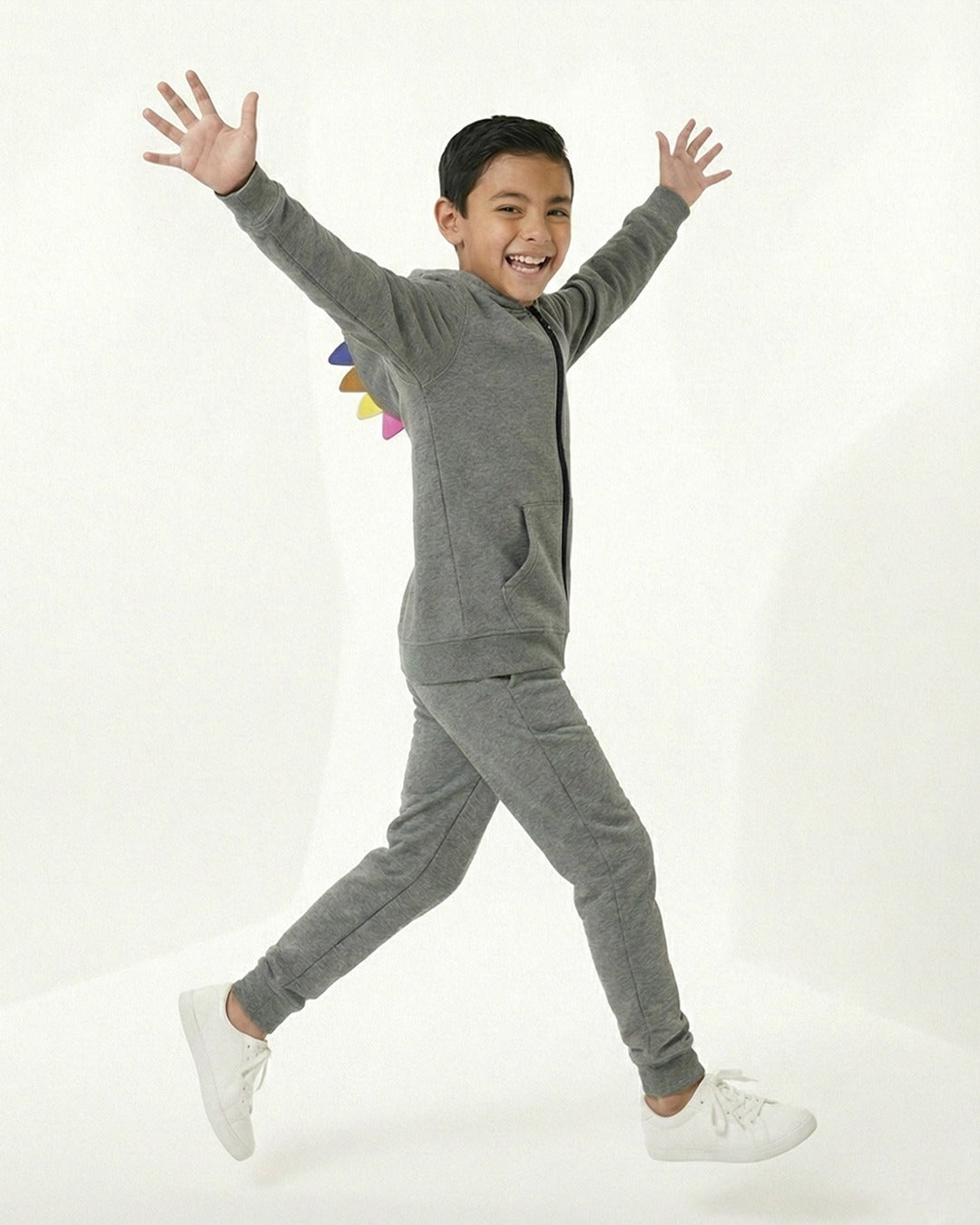 Kids Grey Fleece Hoodie & Jogger Set with Dino Spike Hood