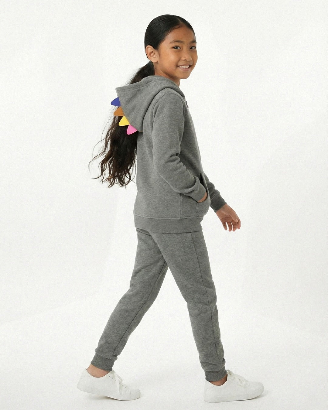 Kids Grey Fleece Hoodie & Jogger Set with Dino Spike Hood