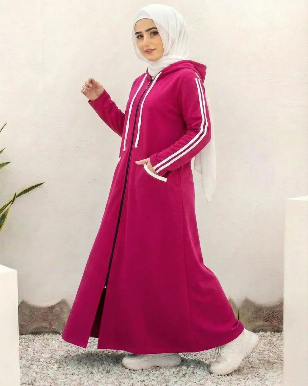 Women Hooded Zip-Up Fleece Abaya | Pink