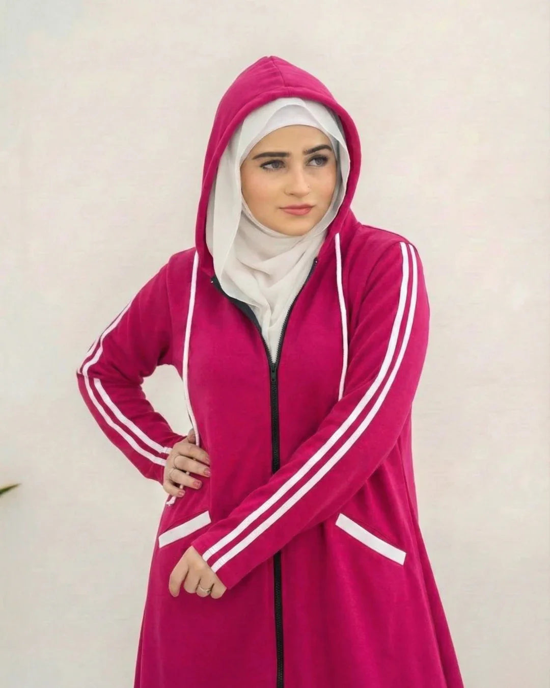 Women Hooded Zip-Up Fleece Abaya | Pink