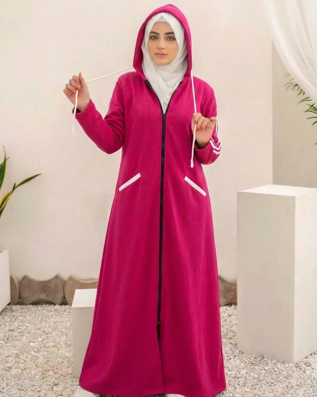Women Hooded Zip-Up Fleece Abaya | Pink