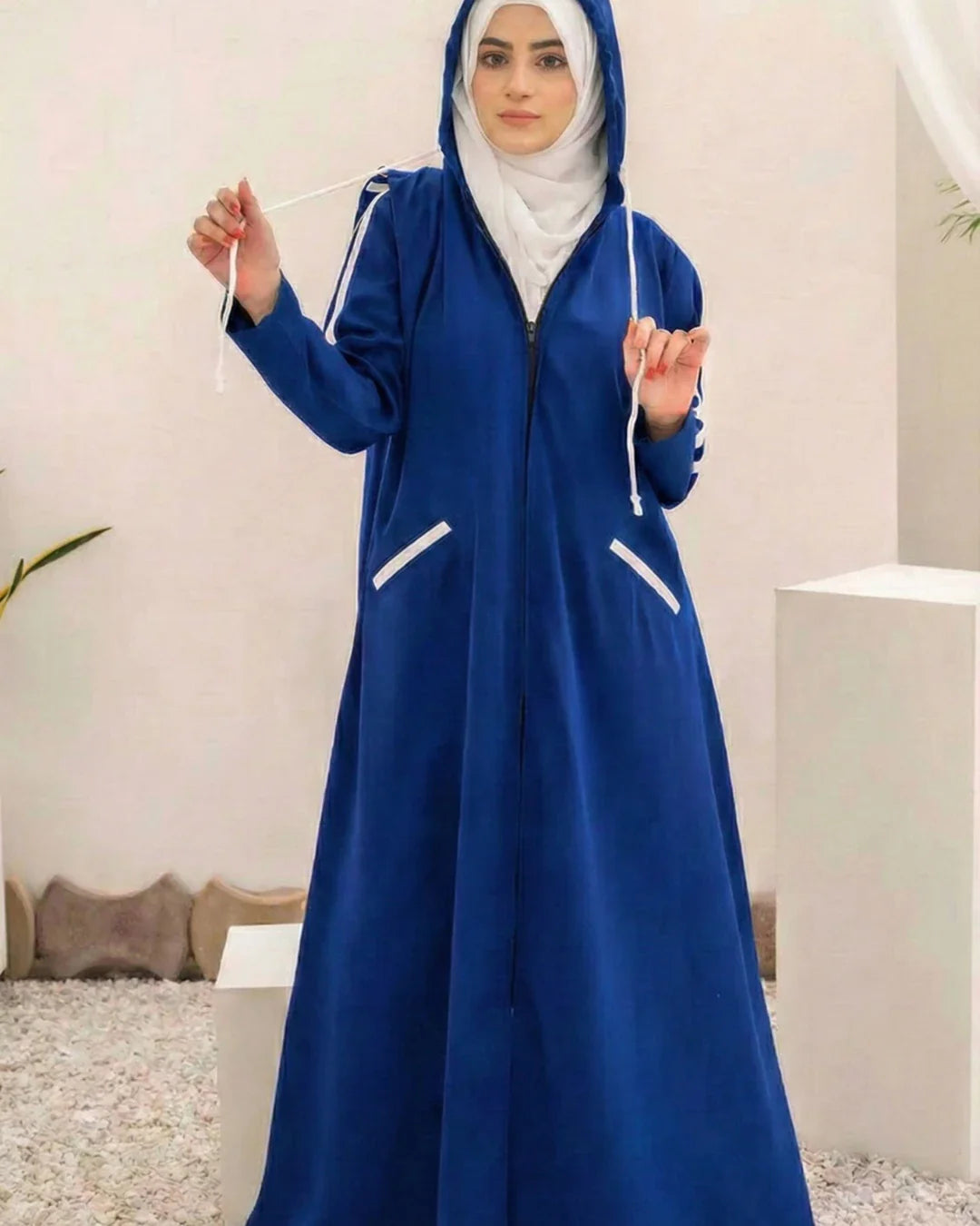 Women Hooded Zip-Up Fleece Abaya | Royal Blue