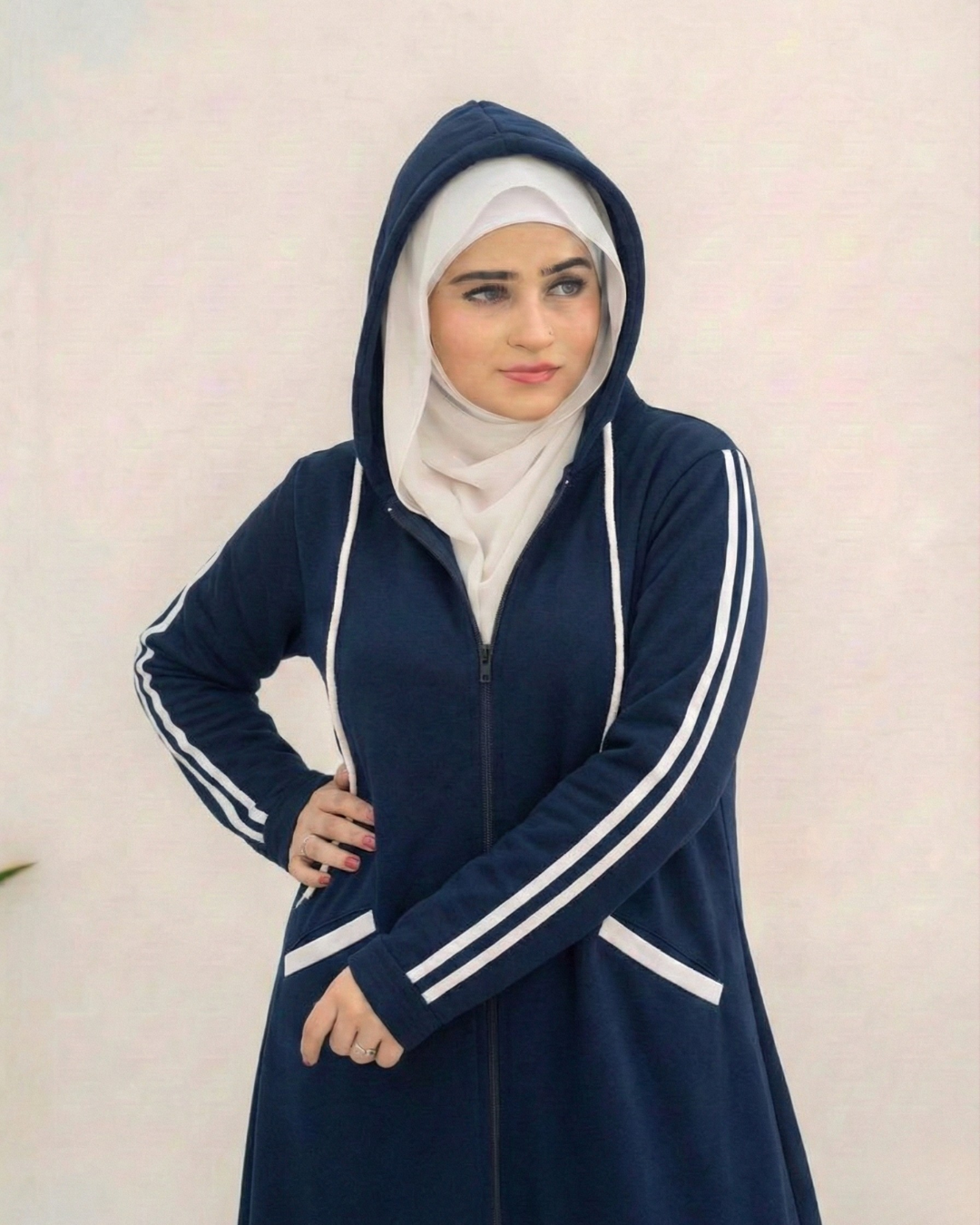 Women Hooded Zip-Up Fleece Abaya | Navy Blue