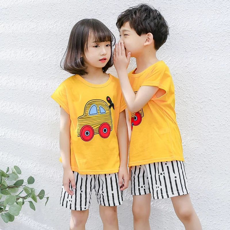 Yellow Car Printed Kids Short Sleeve Kids Wear
