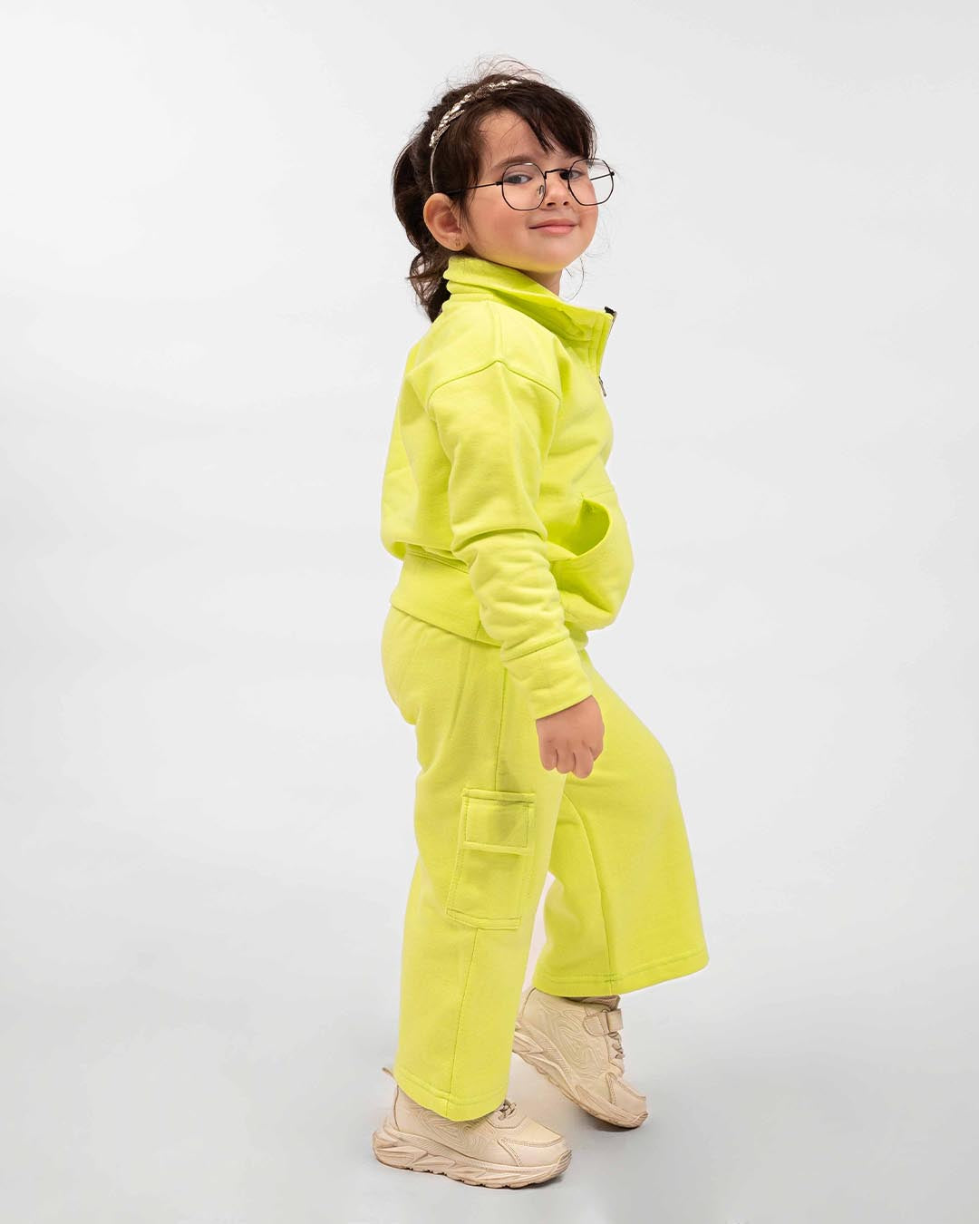 Kids Neon Yellow Fleece Cargo Tracksuit