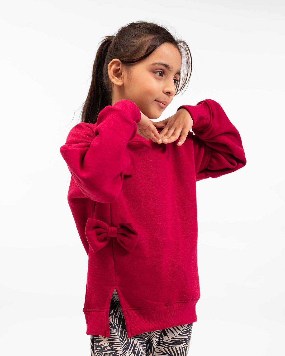 Girls Bow Sweatshirt & Leaf Print Jogger Set | Maroon