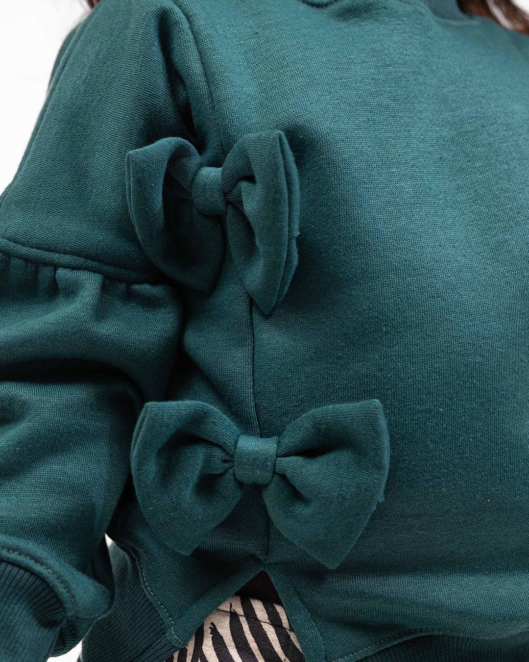 Girls Bow Sweatshirt & Leaf Print Jogger Set | Forest Green