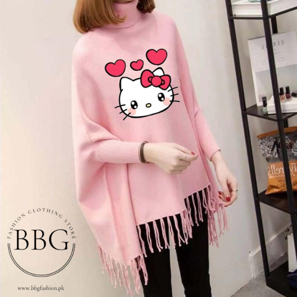 Pink Kitty Printed Poncho